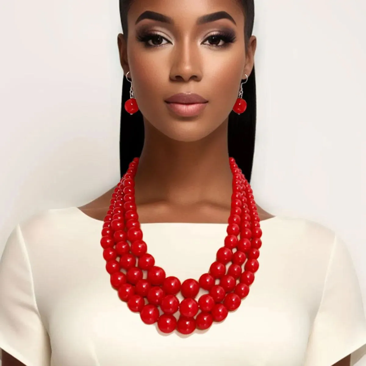 3-Strand Red Pearl Beaded Nested Necklace Set