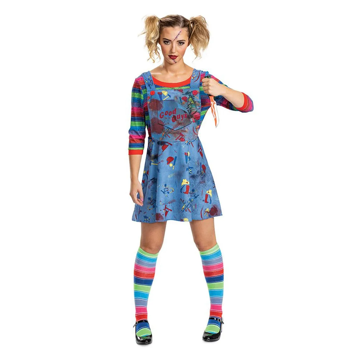 Chucky Deluxe Costume for Adults, Dress and Rainbow Socks