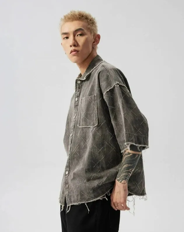 Distressed  Crosshatch Button-Up Overshirt with Frayed Hem