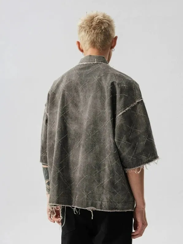 Distressed  Crosshatch Button-Up Overshirt with Frayed Hem