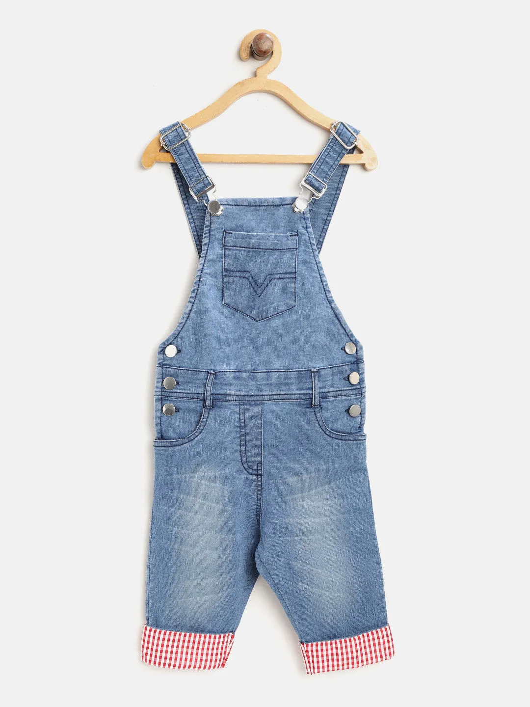 Gilr's Lycra Denim With Red Roll Up 3/4Th Capri Dungaree - StyleStone Kid