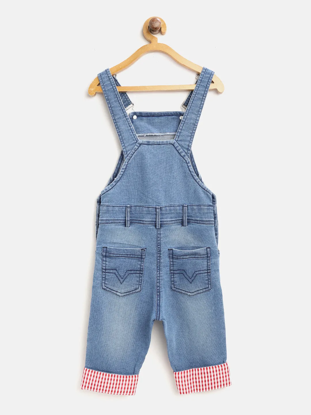 Gilr's Lycra Denim With Red Roll Up 3/4Th Capri Dungaree - StyleStone Kid