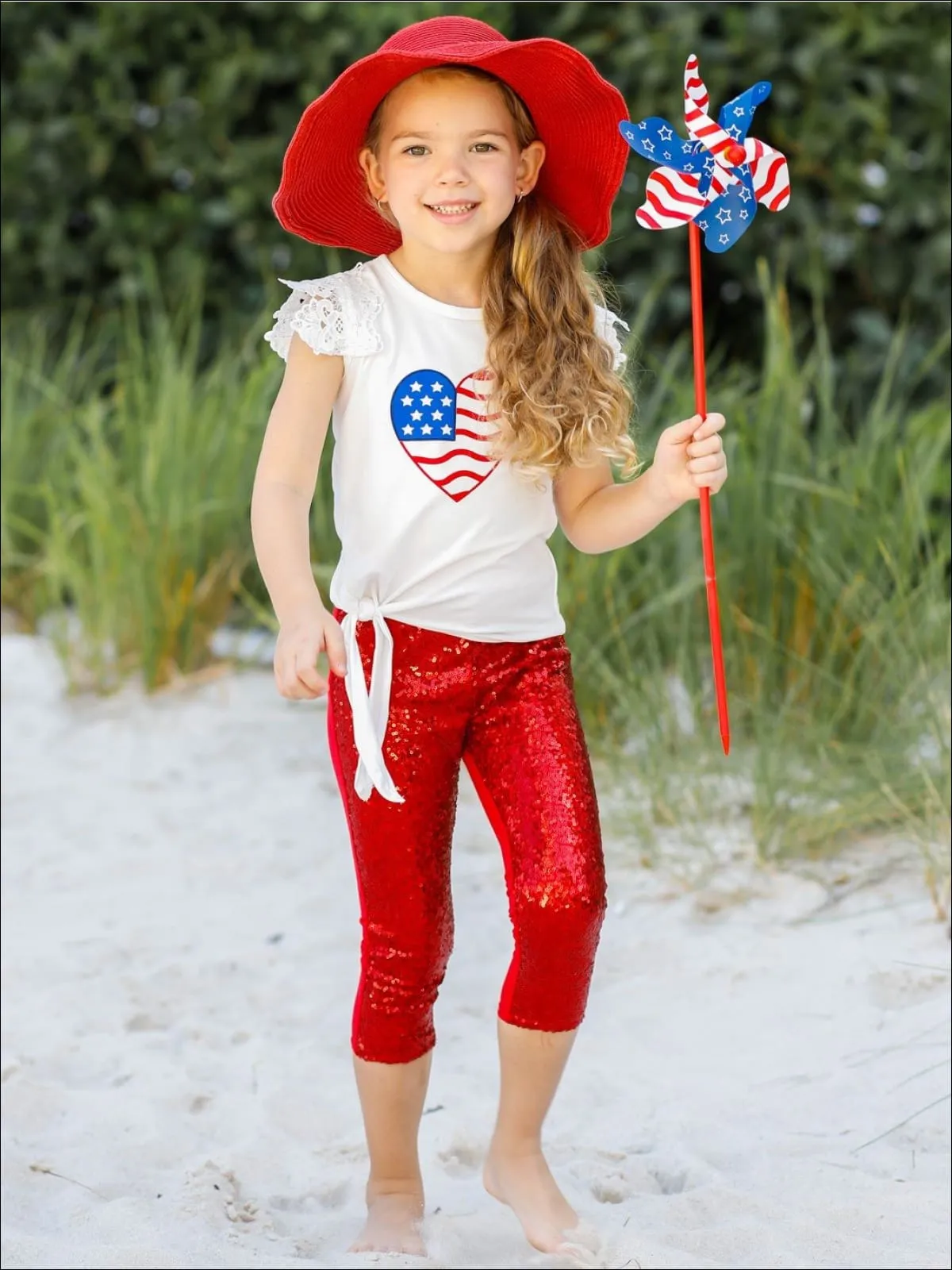 Girls 4th of July Themed American Flag Heart Top And Sequin Legging Set