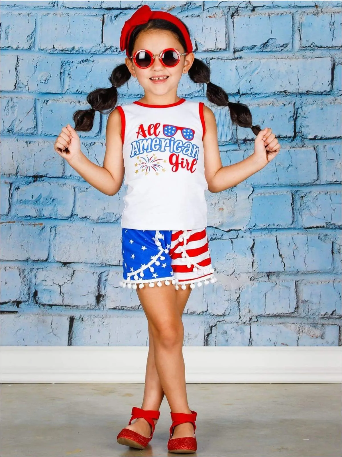 Girls 4th of July Themed "All American Girl" Tank & American Flag Print Pom Pom Shorts Set