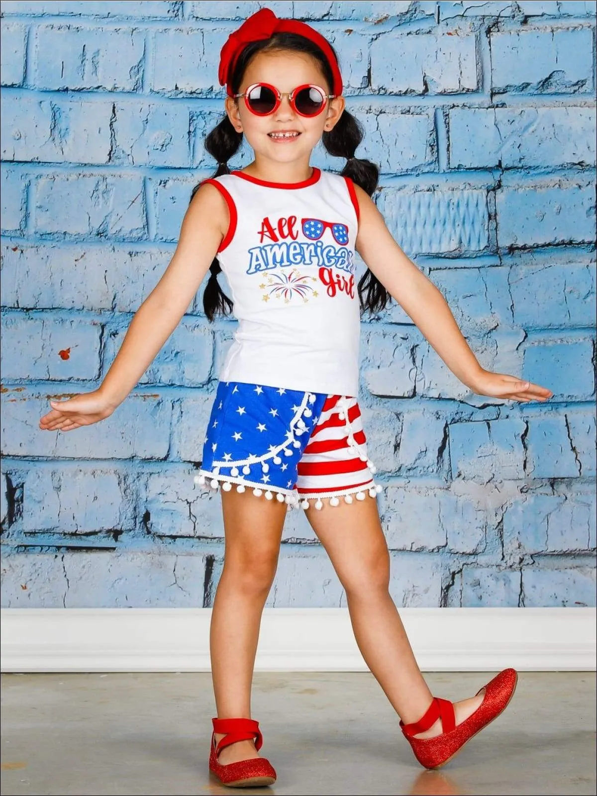 Girls 4th of July Themed "All American Girl" Tank & American Flag Print Pom Pom Shorts Set