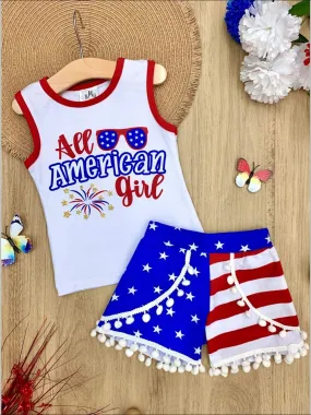 Girls 4th of July Themed "All American Girl" Tank & American Flag Print Pom Pom Shorts Set