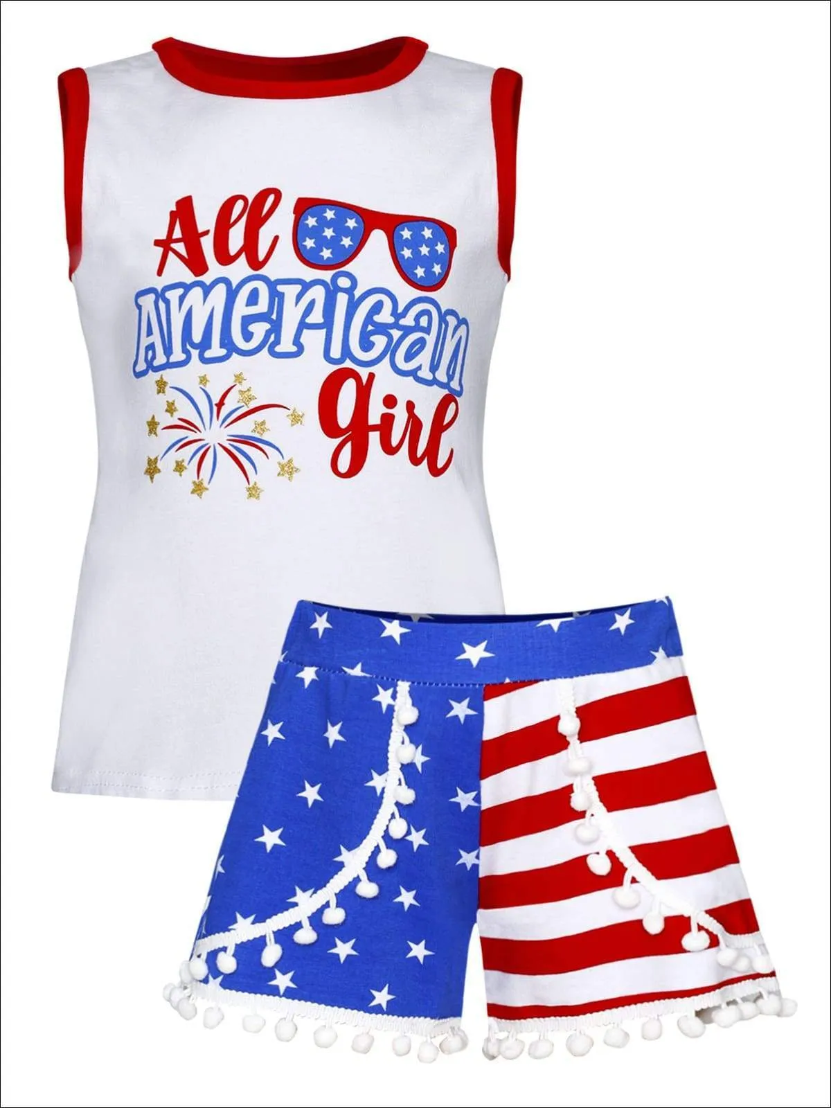 Girls 4th of July Themed "All American Girl" Tank & American Flag Print Pom Pom Shorts Set