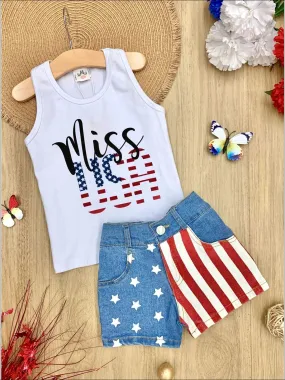 Girls 4th of July Themed "Miss USA" Tank & American Flag Denim Shorts