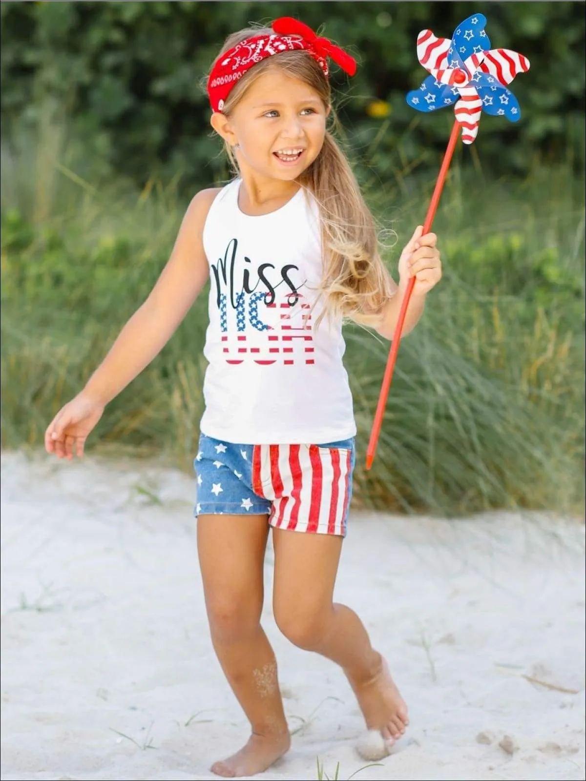 Girls 4th of July Themed "Miss USA" Tank & American Flag Denim Shorts