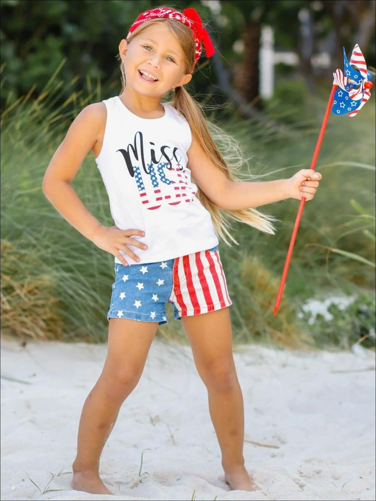 Girls 4th of July Themed "Miss USA" Tank & American Flag Denim Shorts