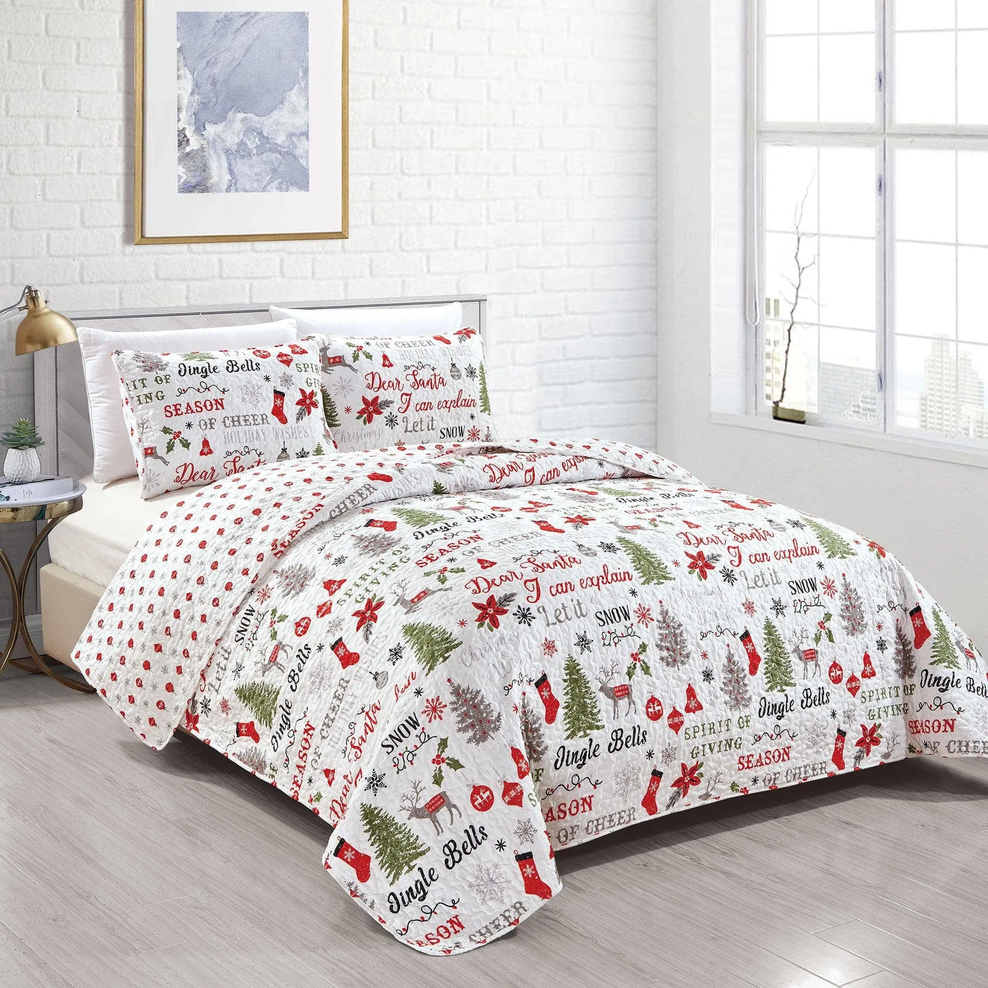 Holiday 3 Piece Quilt Set - Carol Collection: Full / Queen / Holiday Wishes