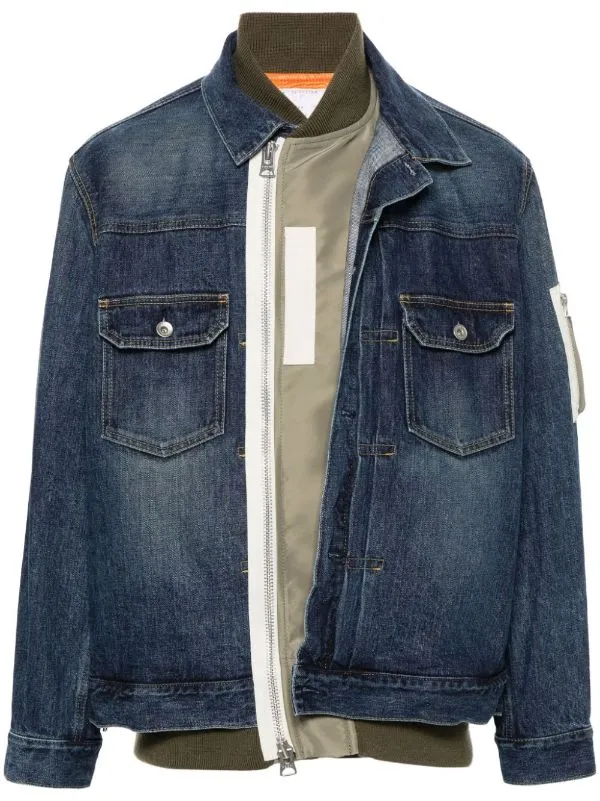 LAYERED BRANDED ZIP PULLER DENIM JACKET