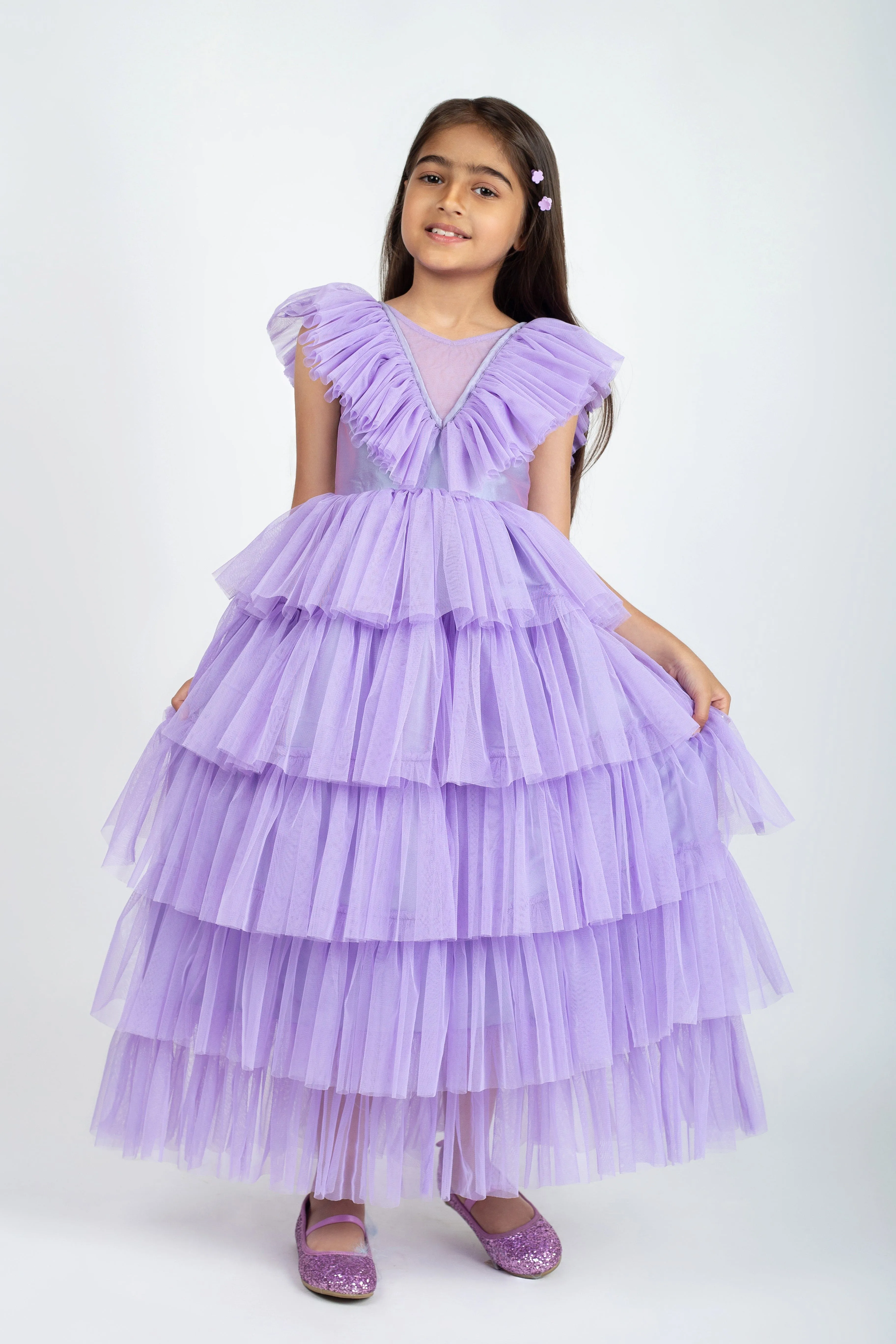 Layered net dress with bow at the back-Lavender