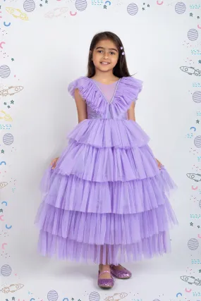 Layered net dress with bow at the back-Lavender