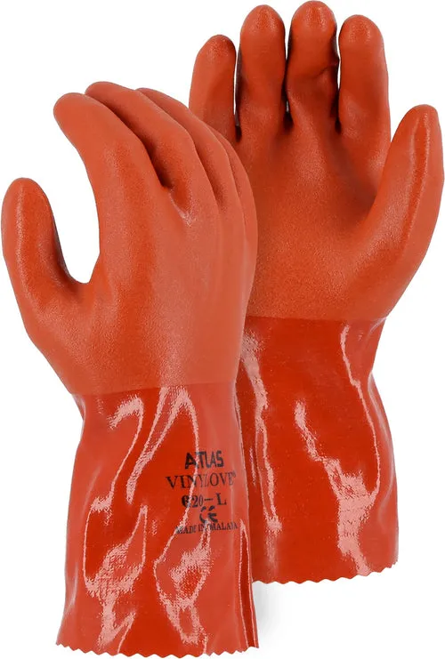 Majestic 3702A Atlas Double Dipped 12” PVC Glove with Interlock Liner Brown (One Dozen)