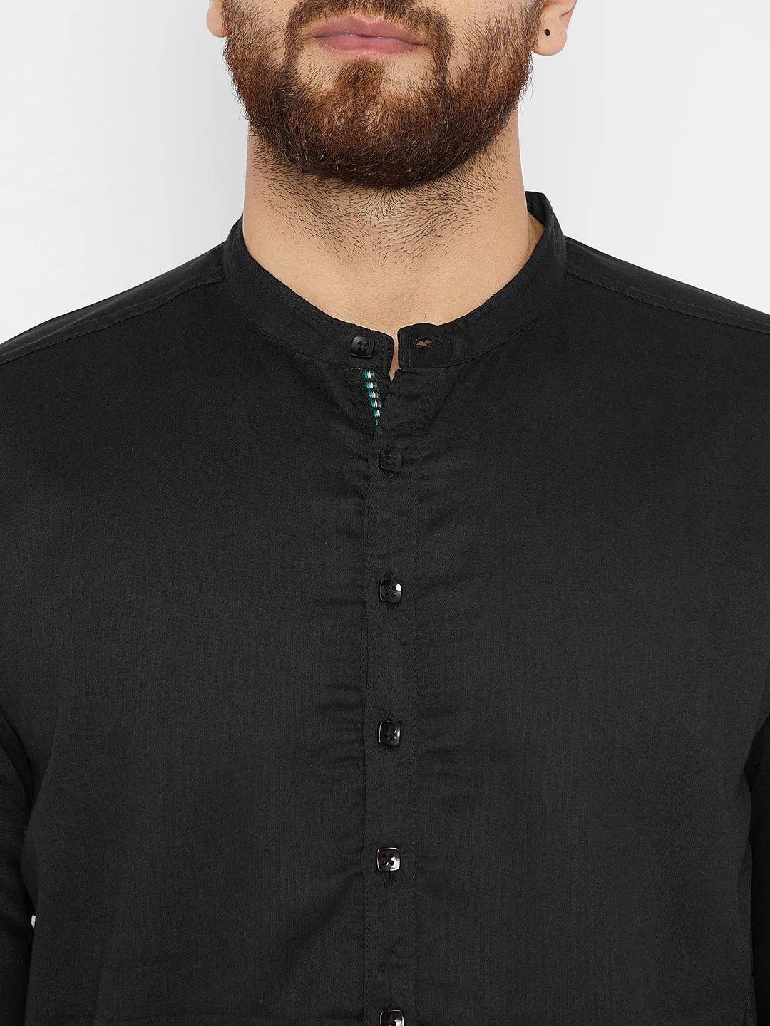 Men's Black Pure Cotton Solid Shirt Kurta - Even Apparels