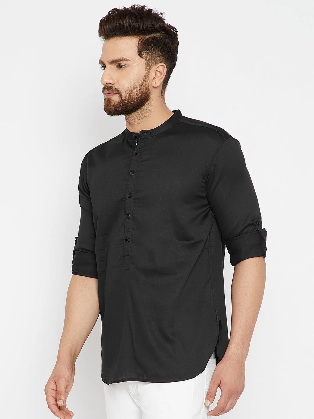 Men's Black Pure Cotton Solid Shirt Kurta - Even Apparels