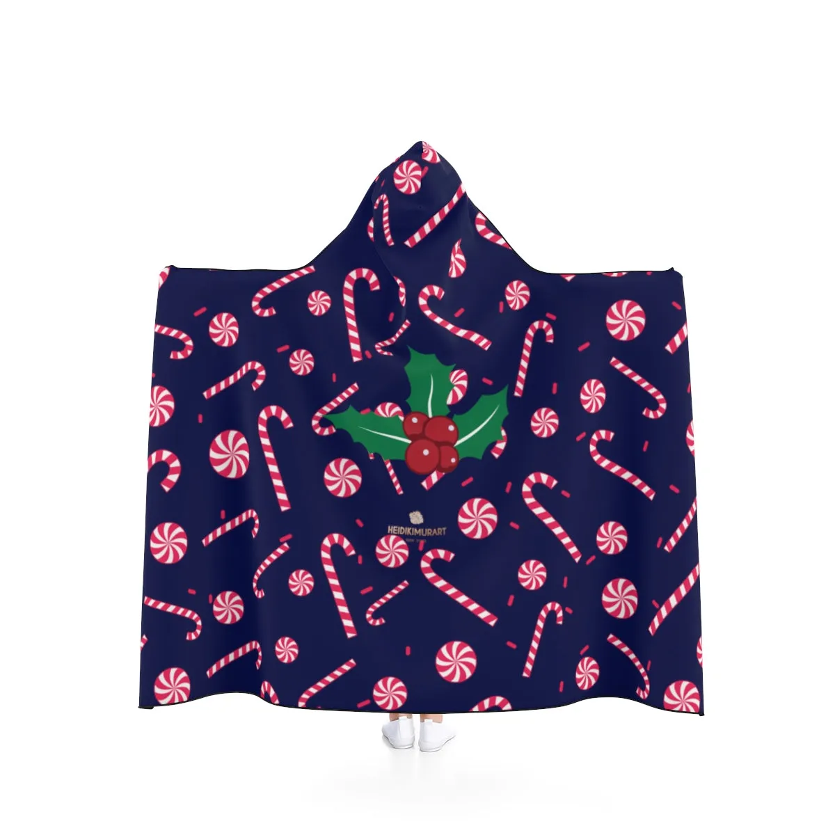 Navy Blue Lightweight Christmas Red Sugar Cane Holiday Party Hooded Blanket