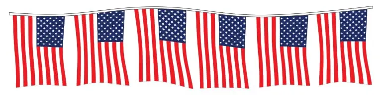 Patriotic American Flag Pennants for Car Dealerships - 60' in Length with 24pcs 12" x 18" Pennants - 4 mil Polyethylene or Supreme Cloth Material - Includes Two 3' Ties for Easy Installation