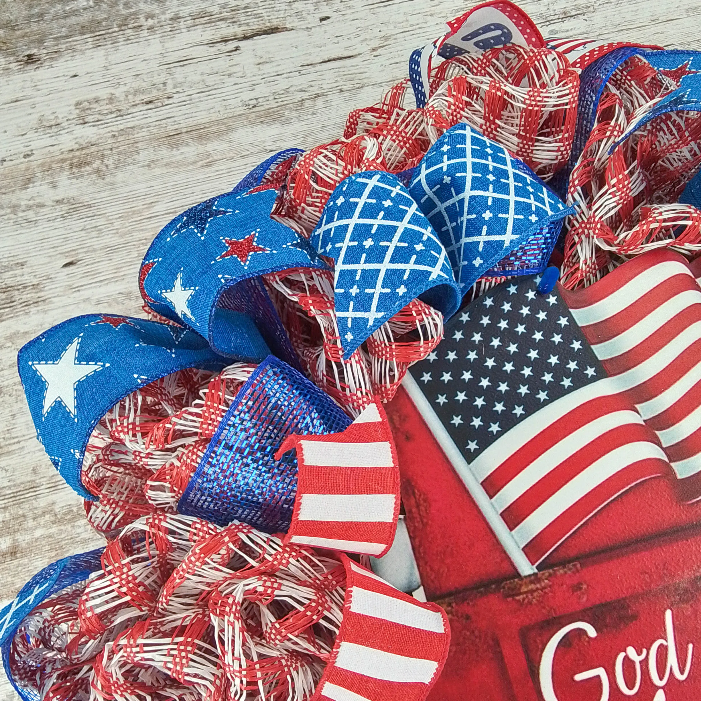 Patriotic Burlap Wreath, American Flag Themed Door Hanger, God Bless America Decorative Sign