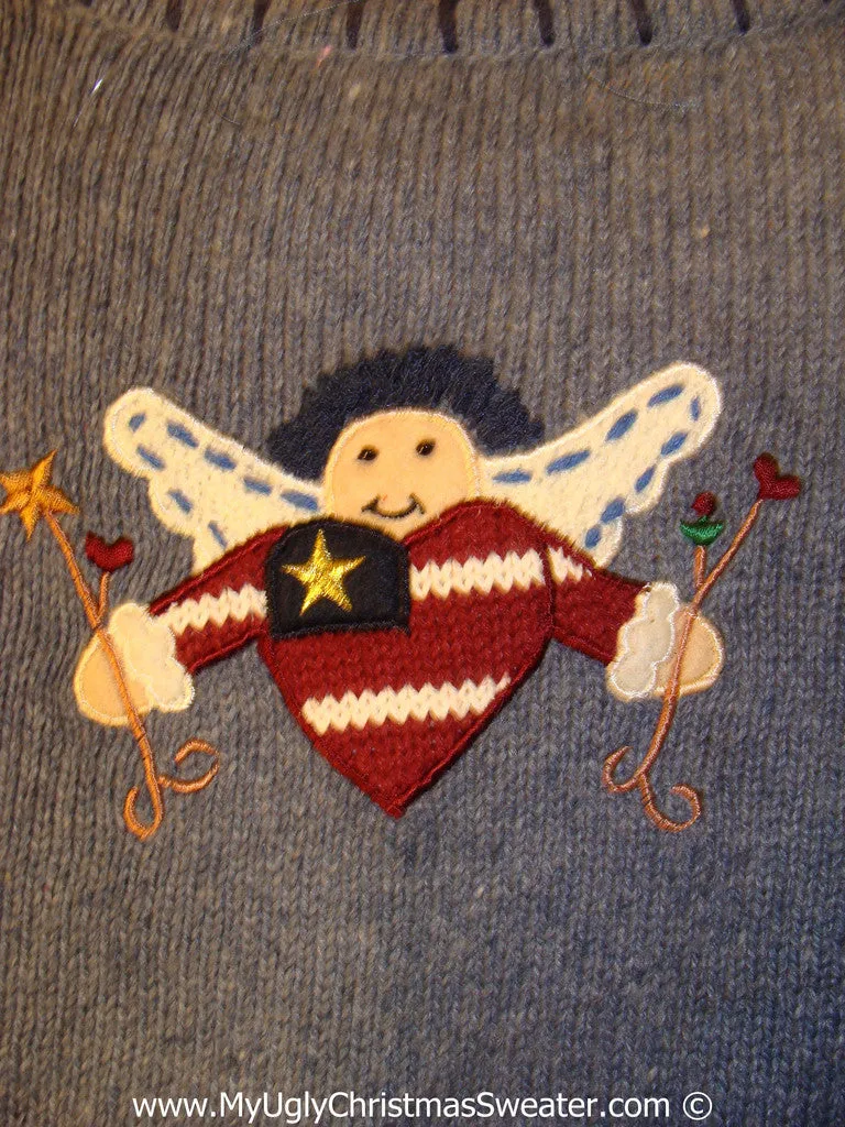 Patriotic Tacky Christmas Sweater Party Ugly Sweater Vest with Red, White, and Blue Stars and Stripes Angel, Santa, and Snowman (f926)