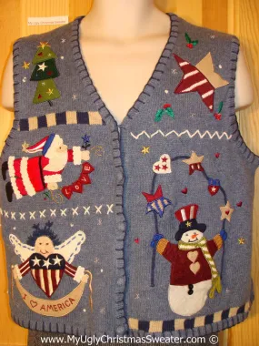 Patriotic Tacky Christmas Sweater Party Ugly Sweater Vest with Red, White, and Blue Stars and Stripes Angel, Santa, and Snowman (f926)