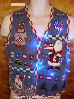 Patriotic Themed Cute Christmas Sweater Vest with Lights