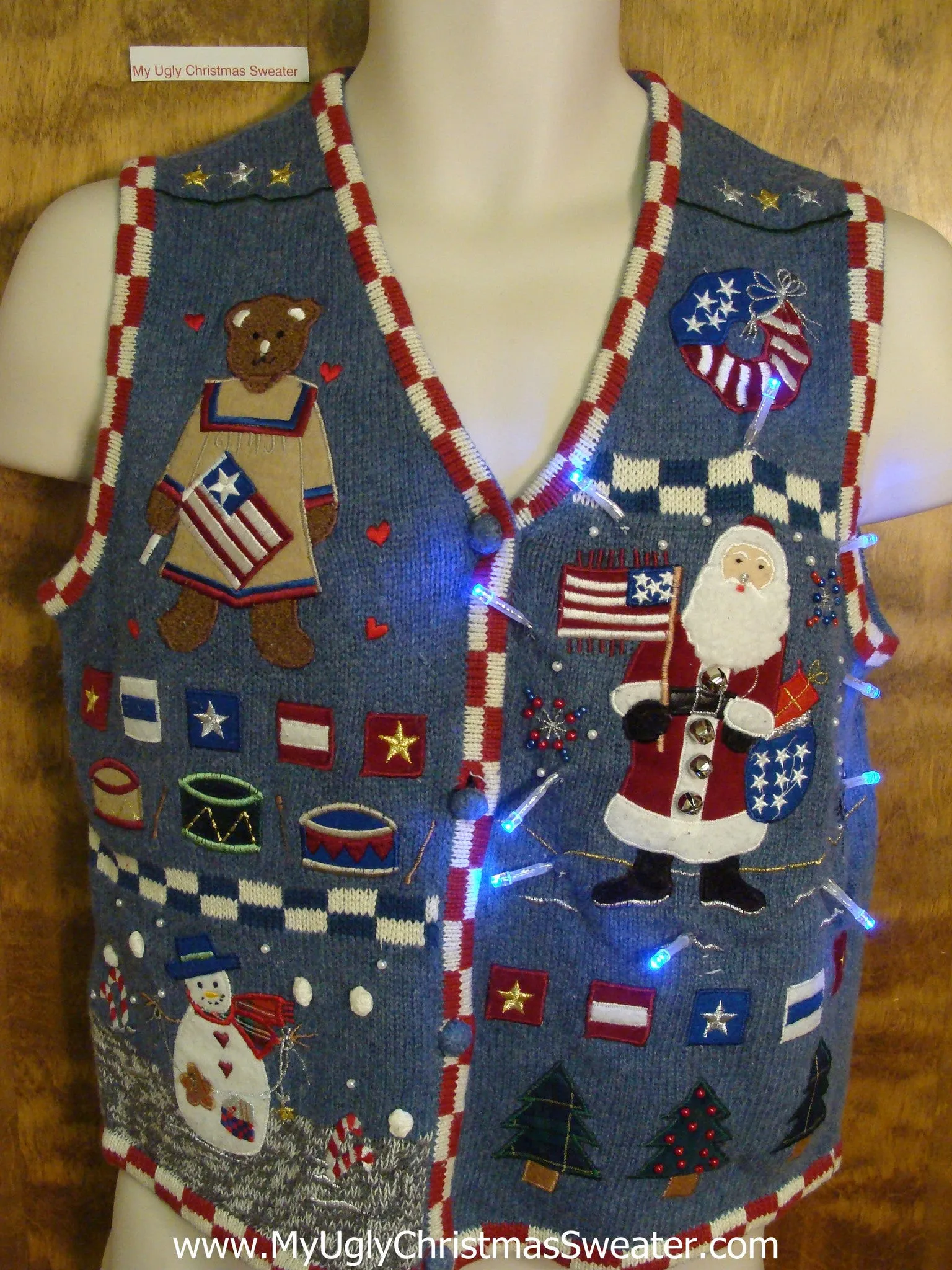 Patriotic Themed Cute Christmas Sweater Vest with Lights