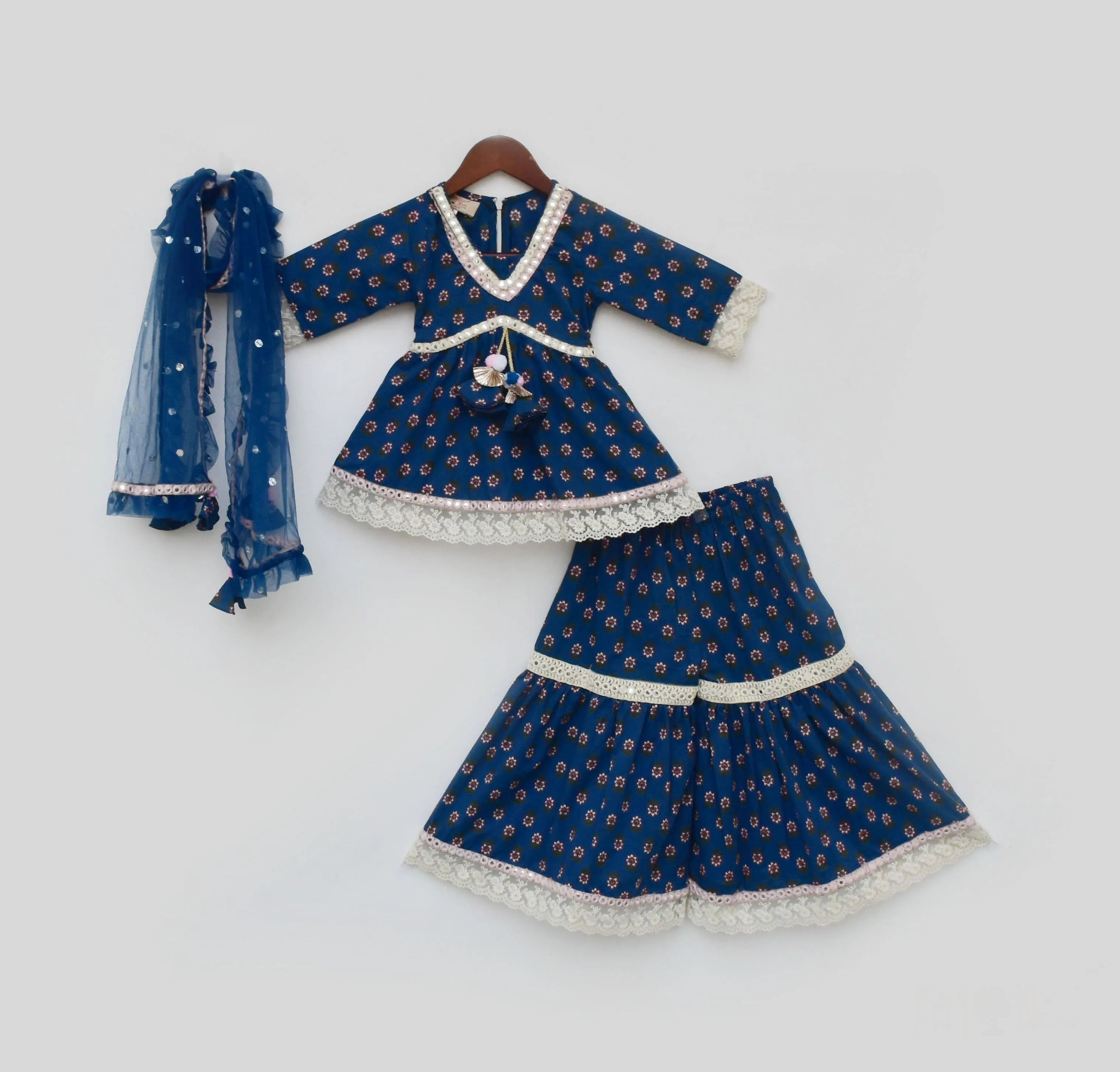 Pre Order: Blue Cotton Print Kurti Sharara and Blue Net Dupatta