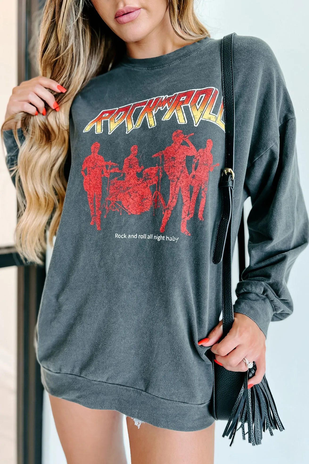 "Rock & Roll All Night Baby" Graphic Long Sleeve Top (Charcoal)