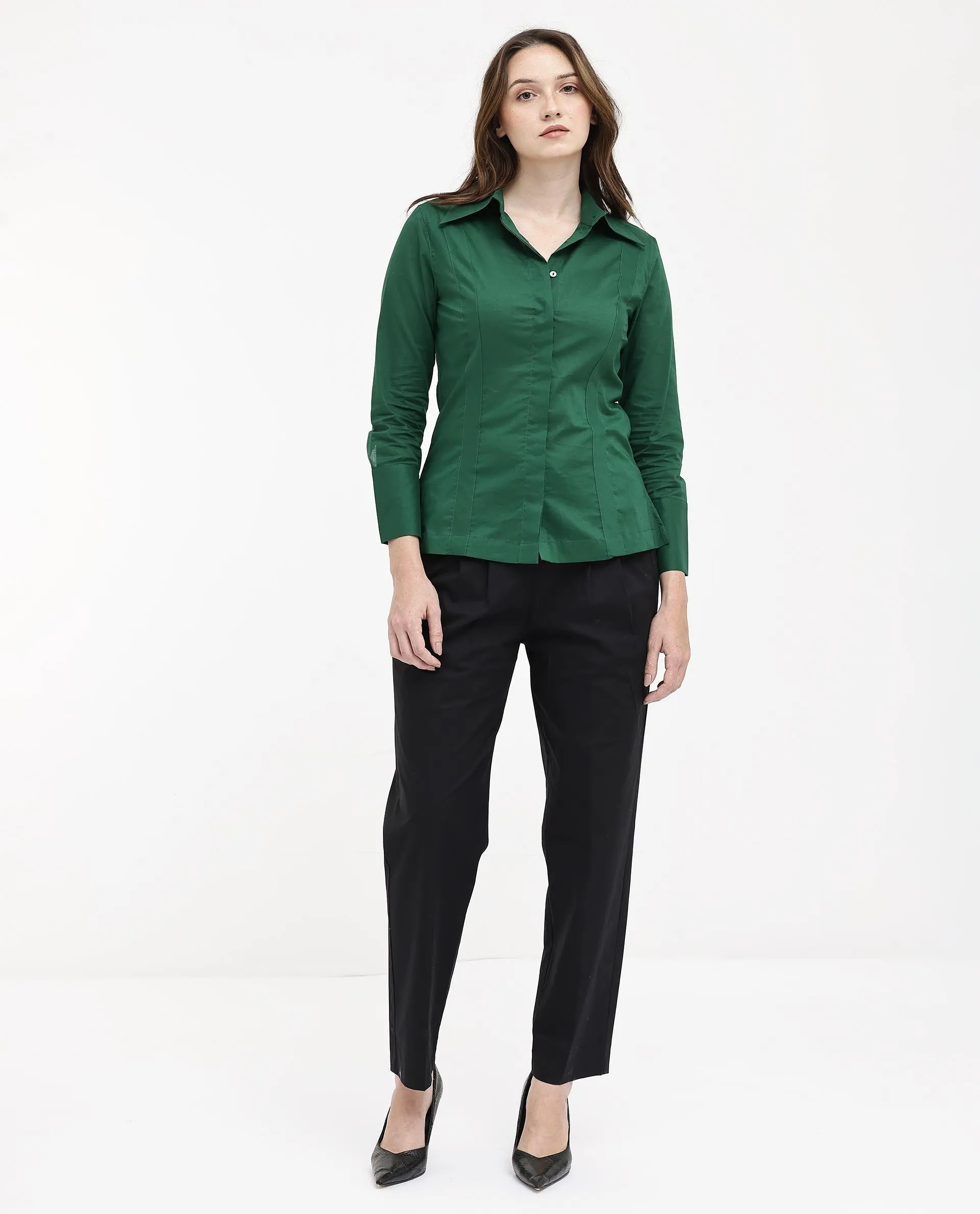 Rareism Women Arthur Dark Green Cotton Fabric Collared Neck Solid Regular Fit Shirt