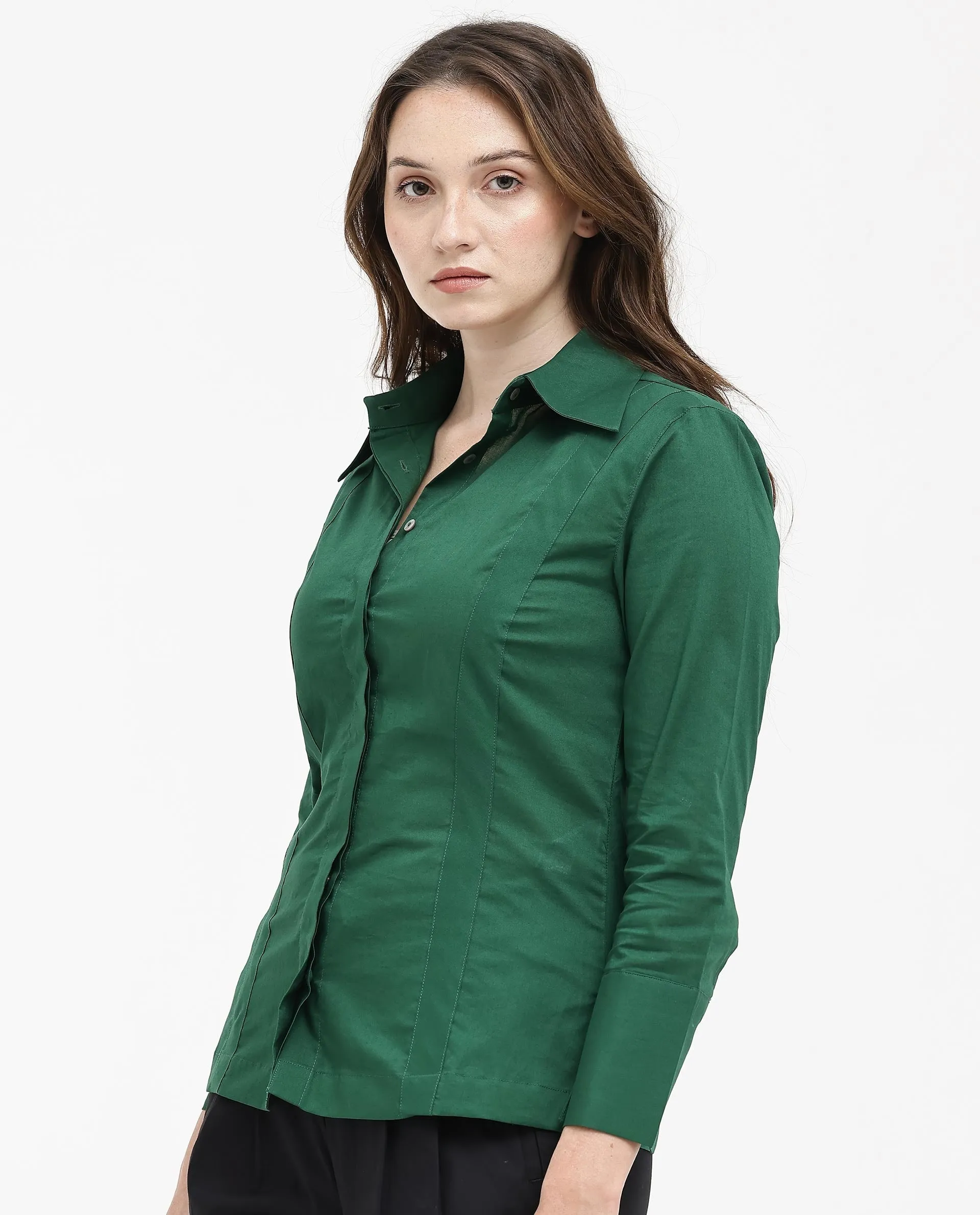 Rareism Women Arthur Dark Green Cotton Fabric Collared Neck Solid Regular Fit Shirt