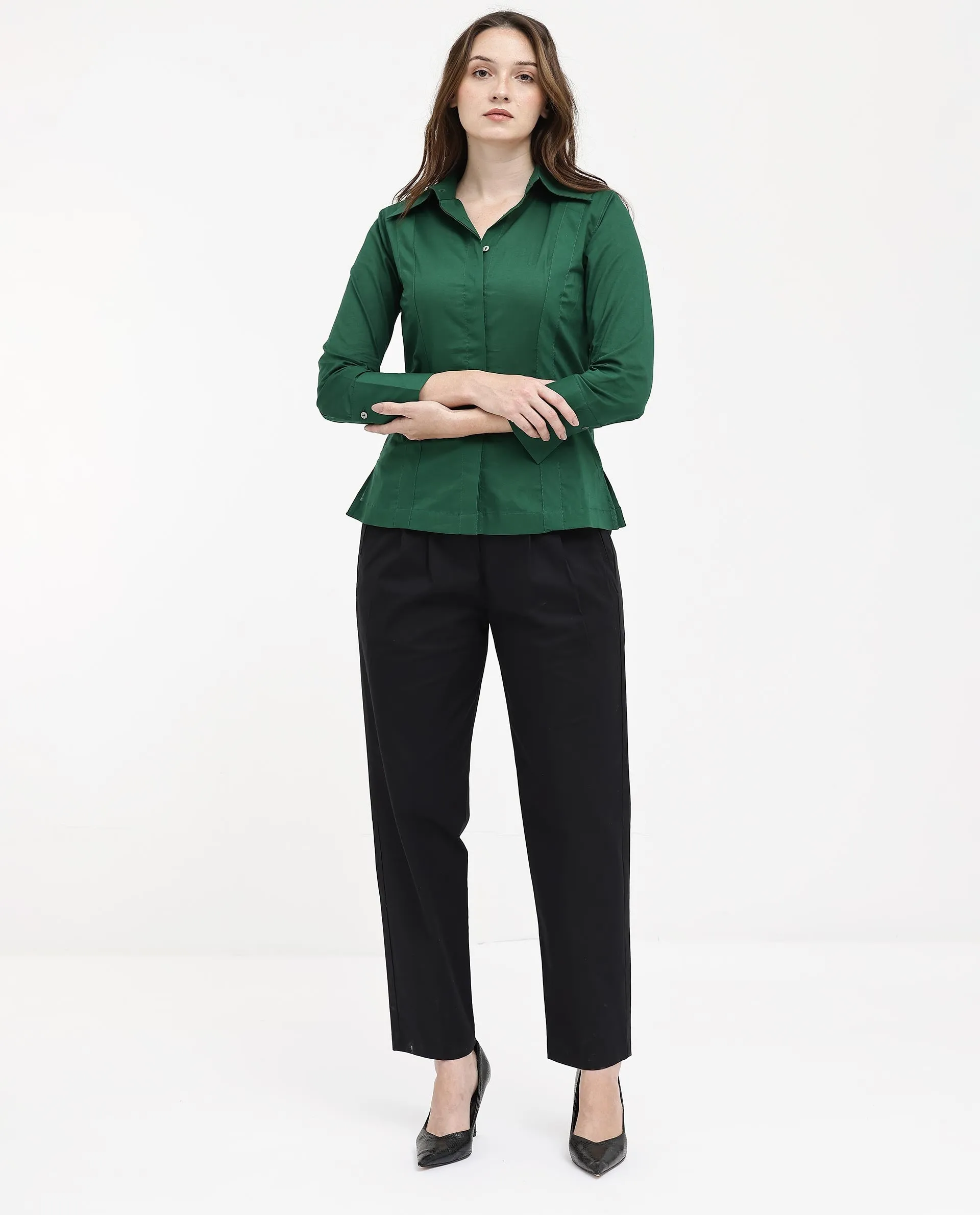 Rareism Women Arthur Dark Green Cotton Fabric Collared Neck Solid Regular Fit Shirt