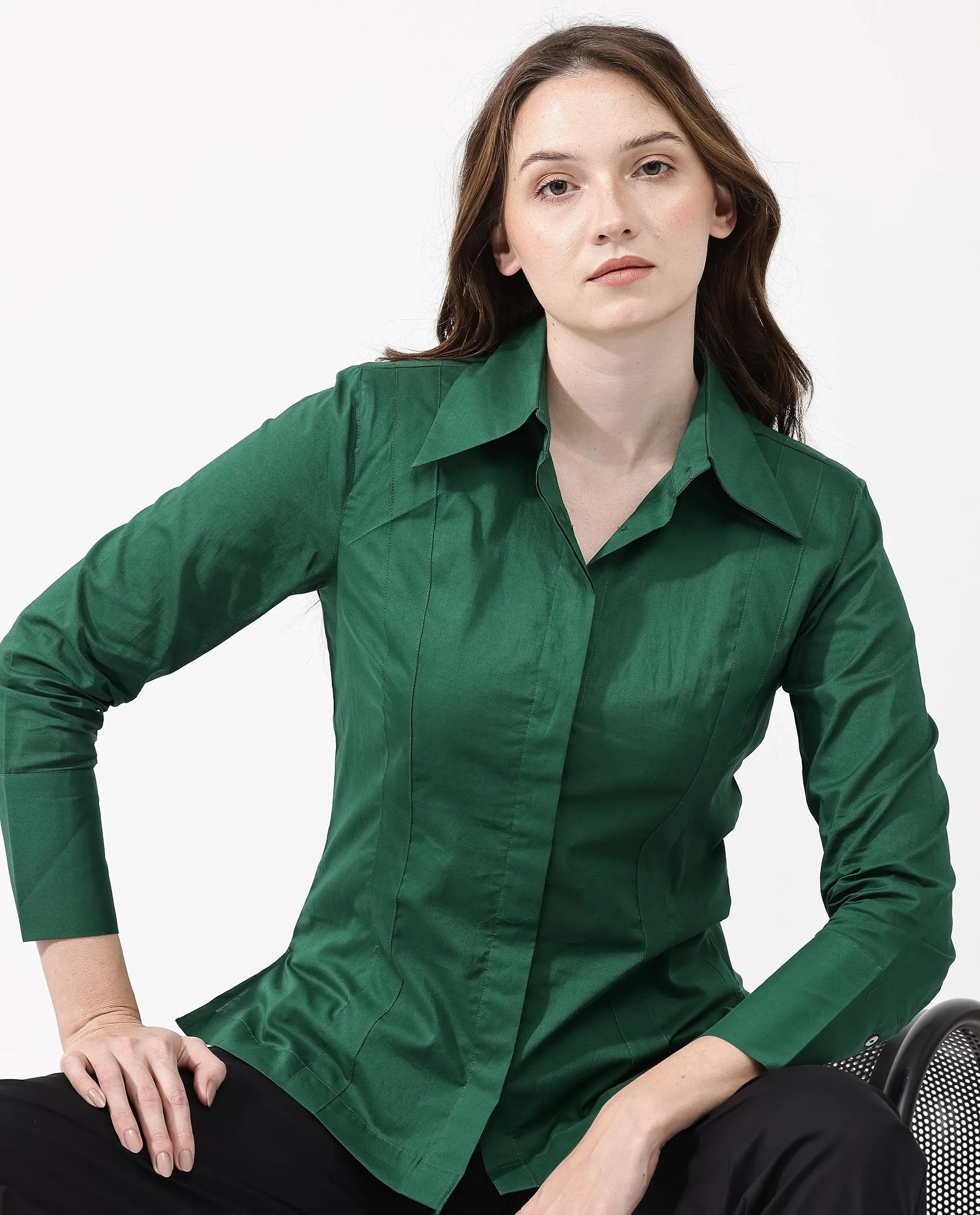 Rareism Women Arthur Dark Green Cotton Fabric Collared Neck Solid Regular Fit Shirt