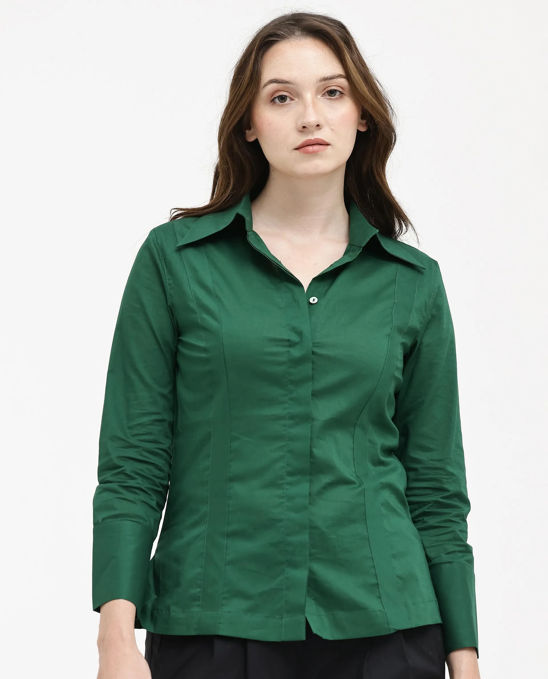 Rareism Women Arthur Dark Green Cotton Fabric Collared Neck Solid Regular Fit Shirt