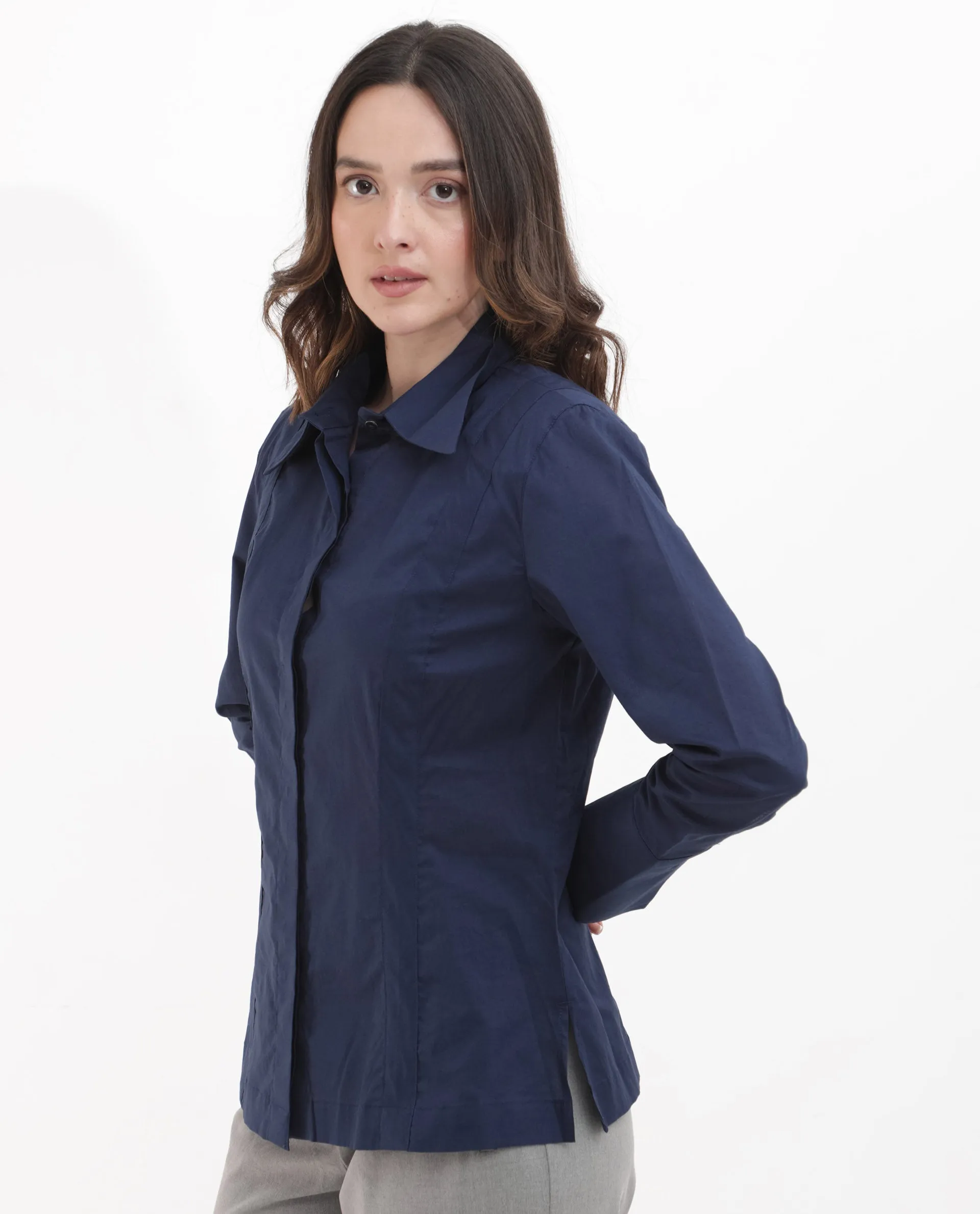 Rareism Women Arthur Navy Cotton Fabric Full Sleeves Button Closure Shirt Collar Cuffed Sleeve Regular Fit Plain Shirt