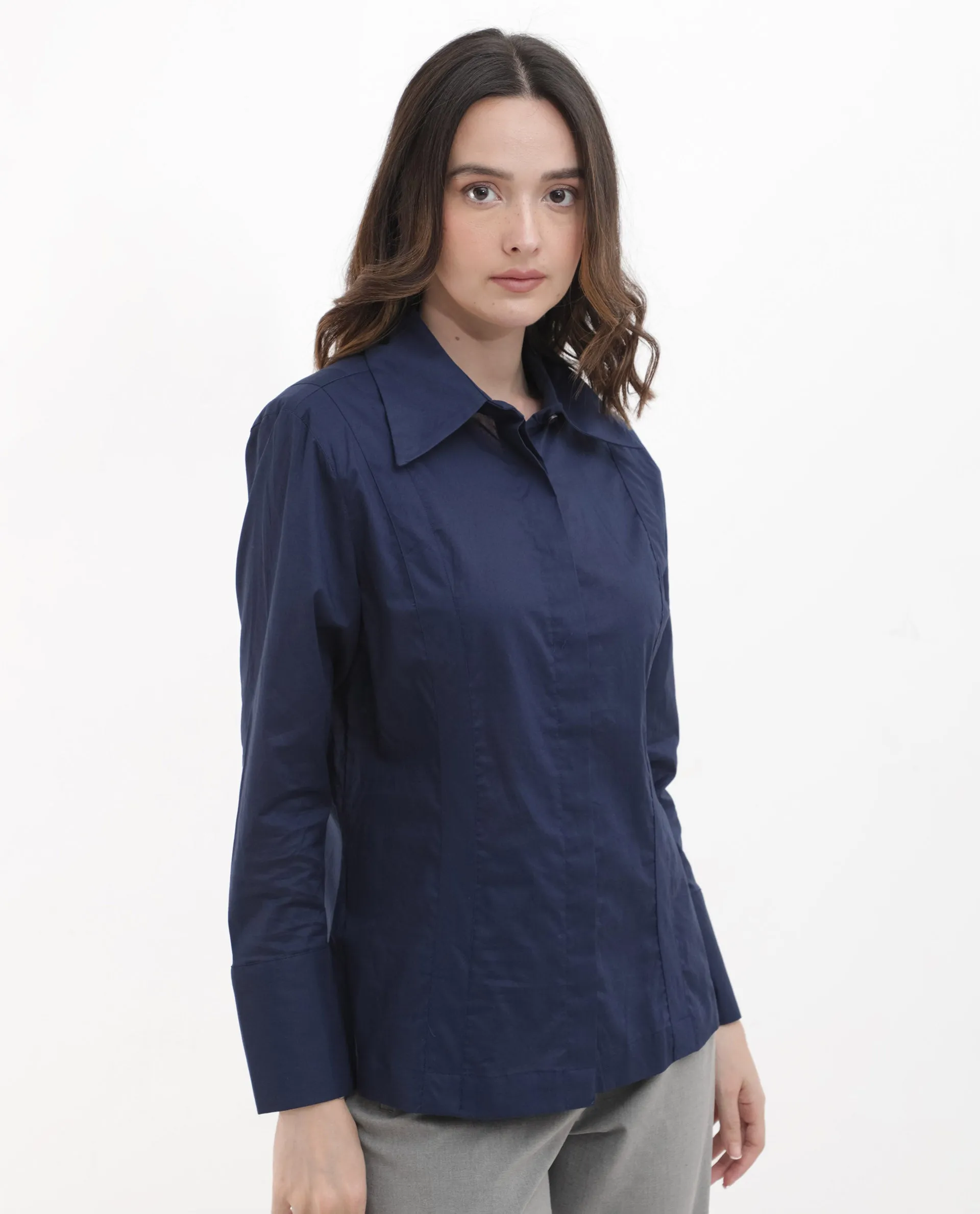 Rareism Women Arthur Navy Cotton Fabric Full Sleeves Button Closure Shirt Collar Cuffed Sleeve Regular Fit Plain Shirt