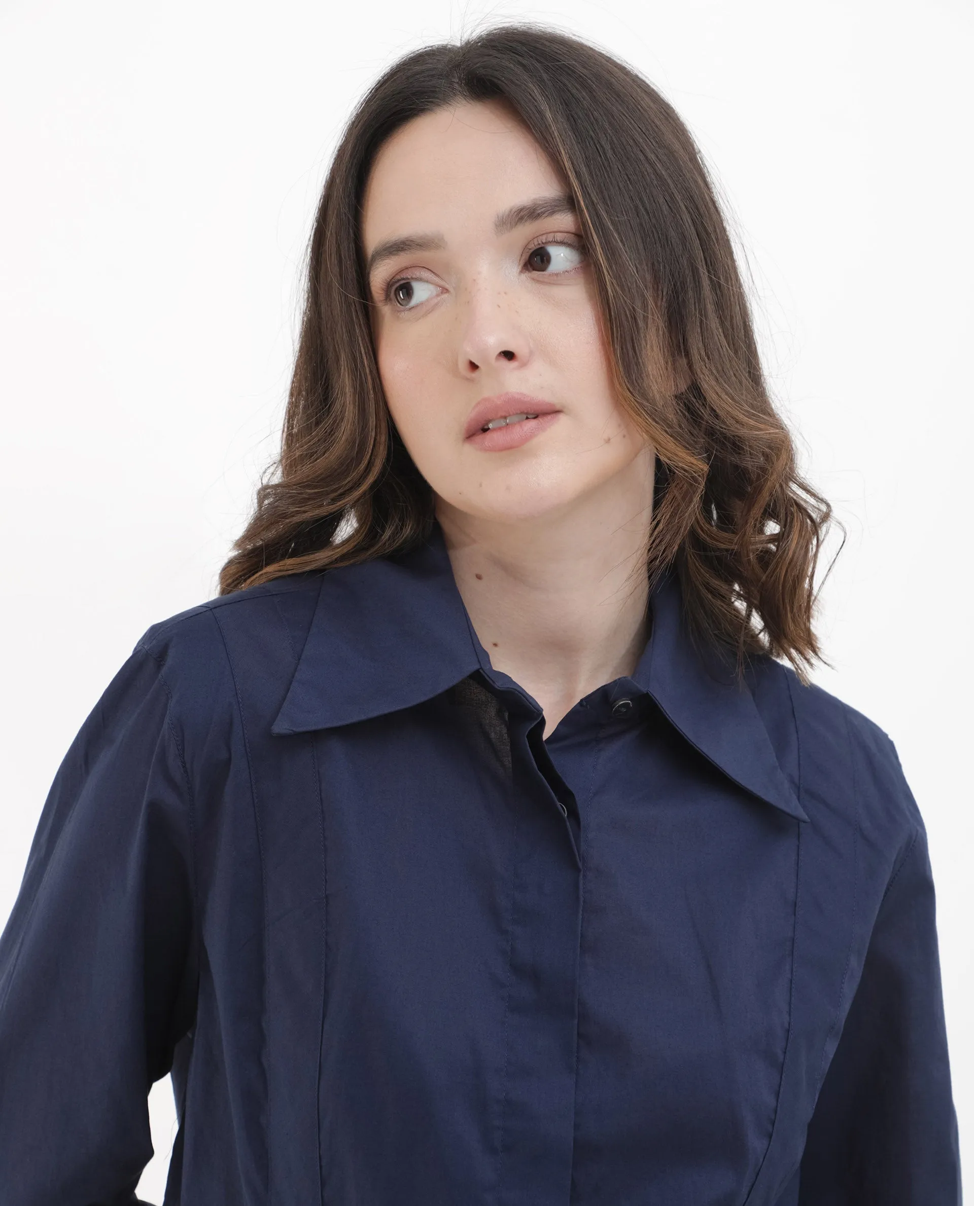 Rareism Women Arthur Navy Cotton Fabric Full Sleeves Button Closure Shirt Collar Cuffed Sleeve Regular Fit Plain Shirt