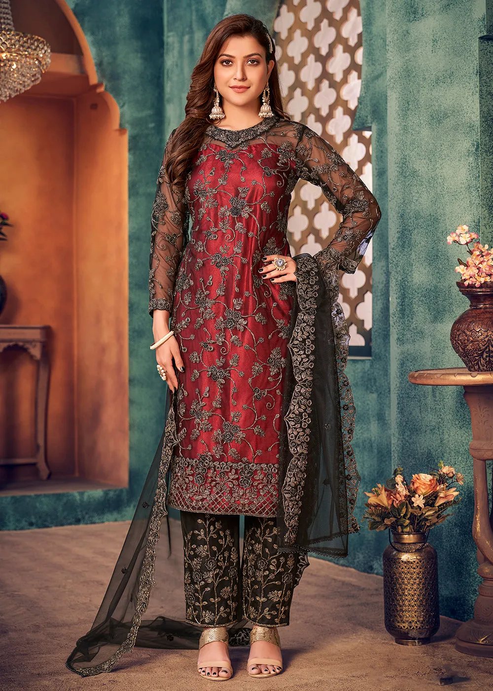 Red Black Layered Festive Pant Style Salwar Suit