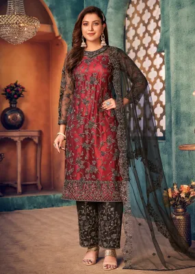 Red Black Layered Festive Pant Style Salwar Suit