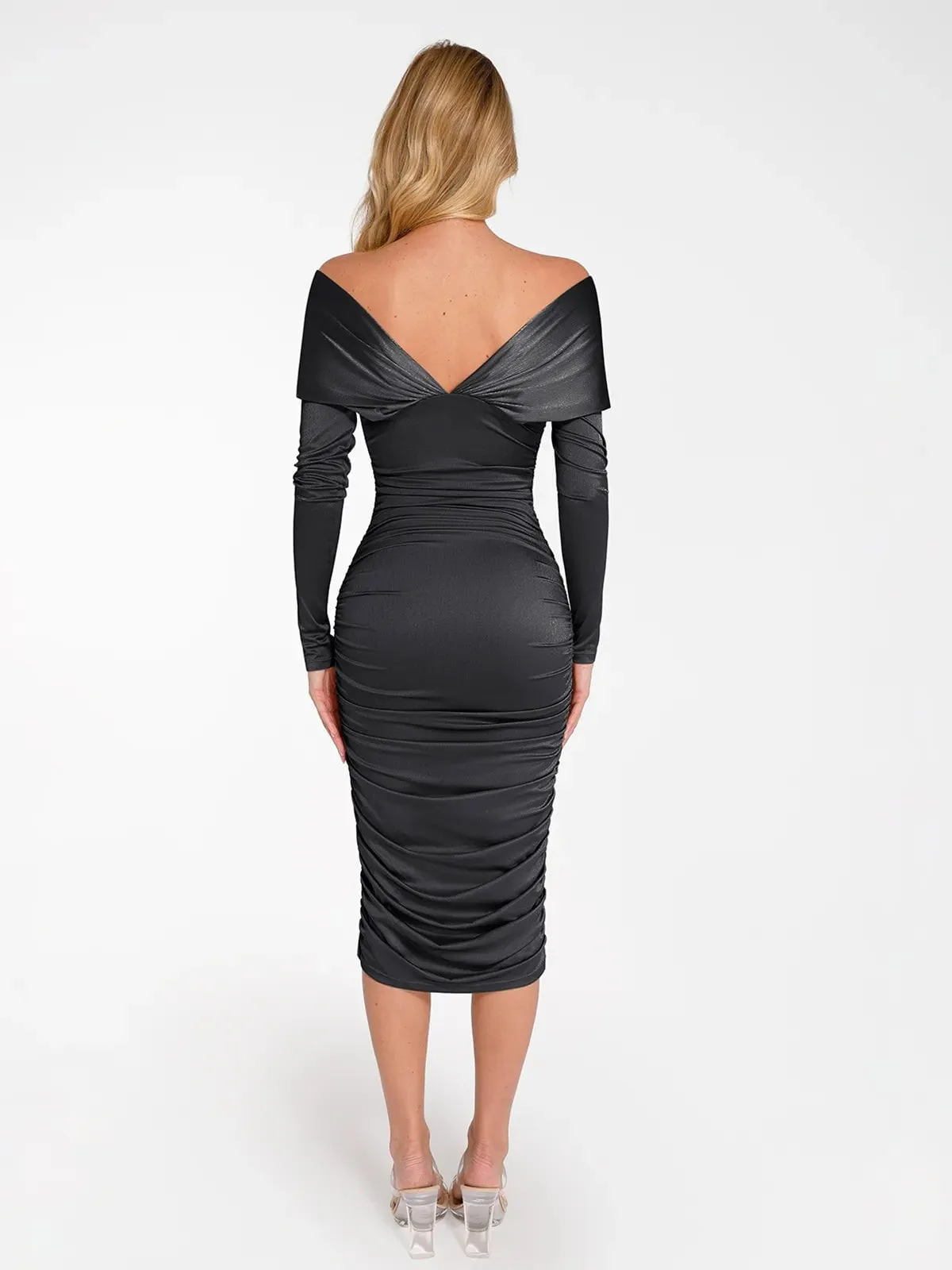 Shapewear Off-Shoulder Ruched Shine Sculpting Midi Dress