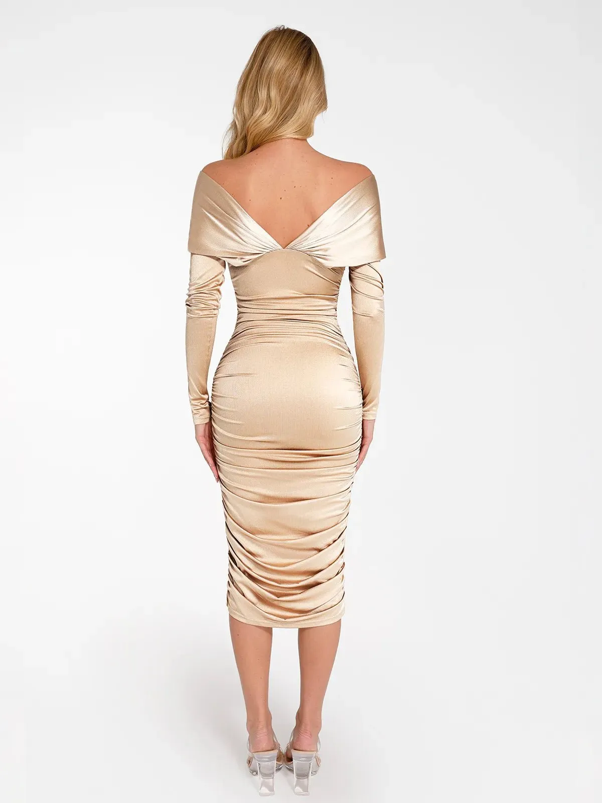 Shapewear Off-Shoulder Ruched Shine Sculpting Midi Dress