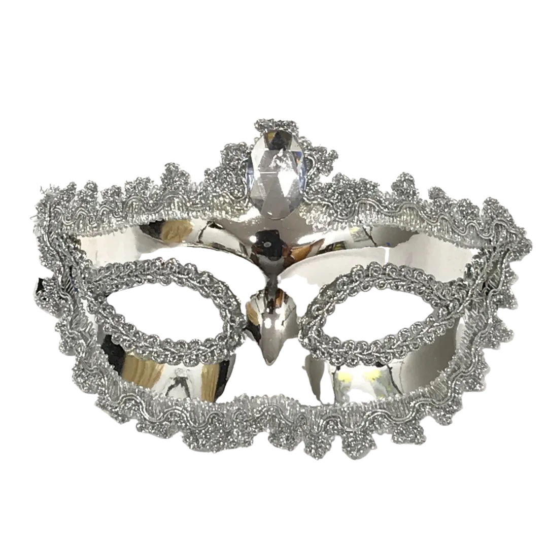 Shiny Silver Mask with Silver Jewel and Ribbon Tie (Each)