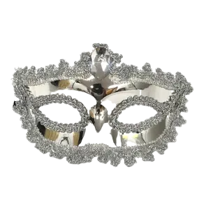 Shiny Silver Mask with Silver Jewel and Ribbon Tie (Each)