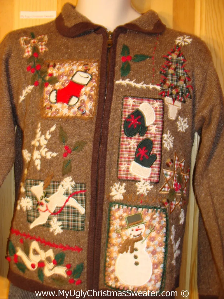 Tacky Brown Patchwork Themed Sweater (f1239)