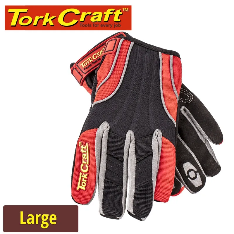 TORK CRAFT MECHANICS GLOVE LARGE SYNTHETIC LEATHER REINFORCED PALM SPANDEX RED GL22