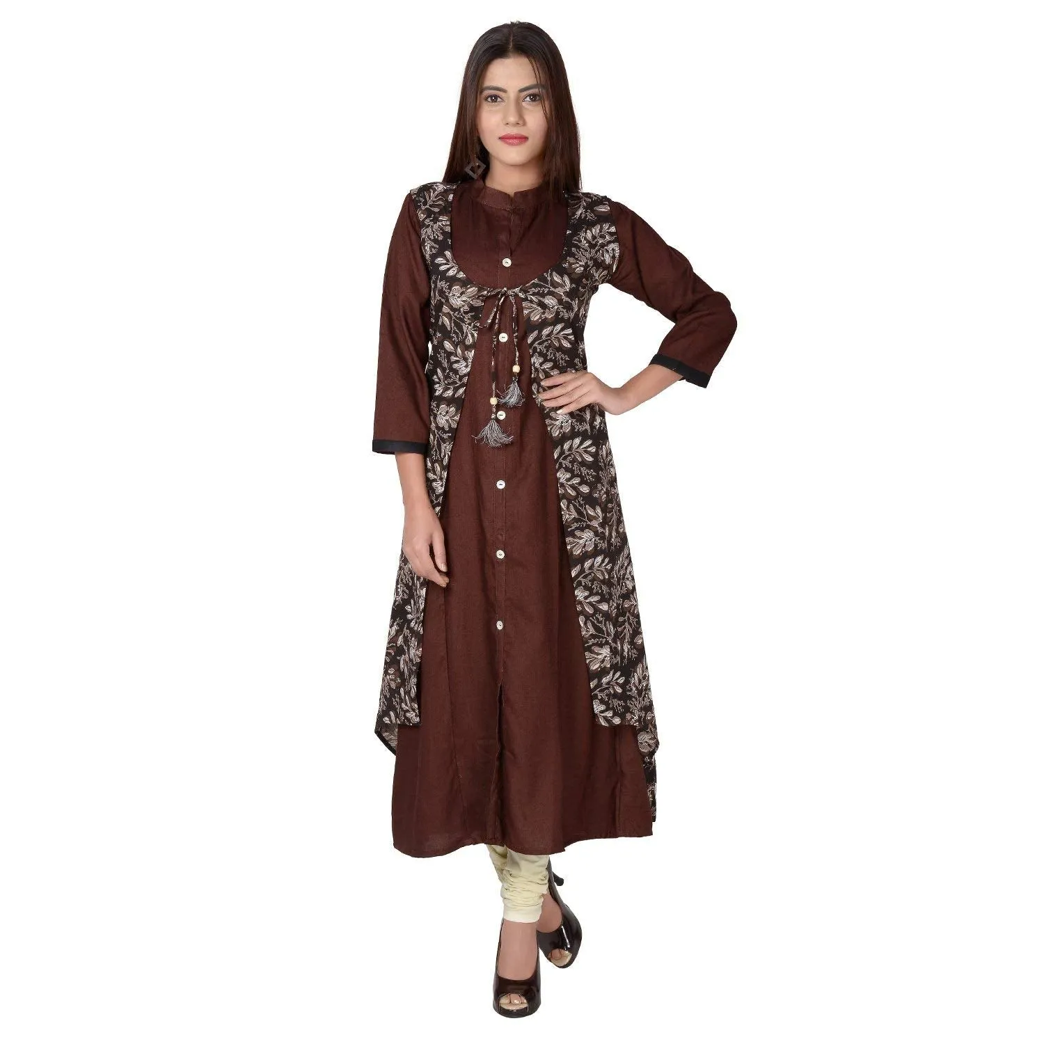 Vedana Women's Rayon Brown Jacket Kurti Set