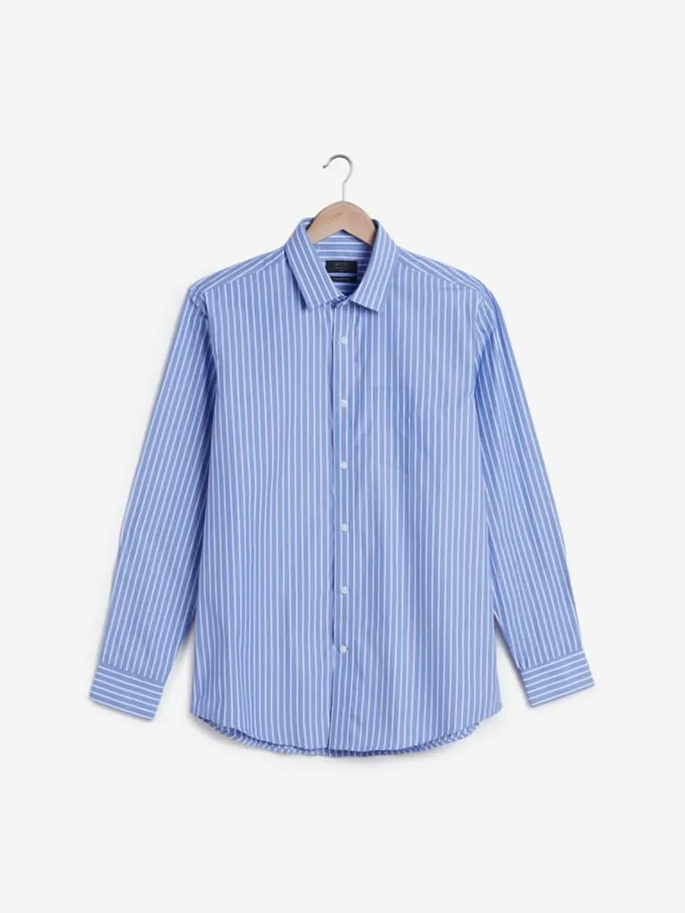 WES Formals Blue Relaxed-Fit Striped Pattern Shirt