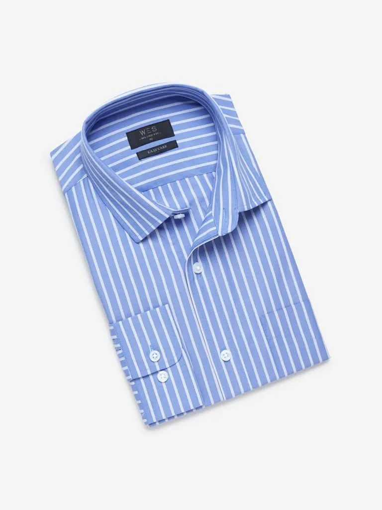 WES Formals Blue Relaxed-Fit Striped Pattern Shirt