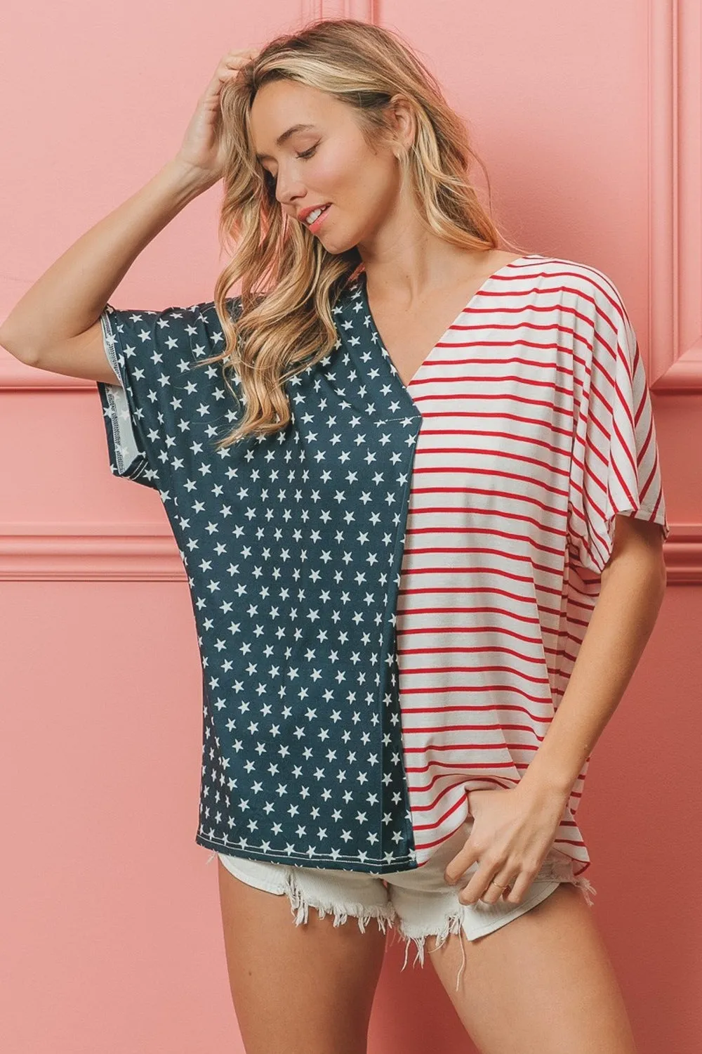 Women's BiBi US Flag Themed Color Block Short Sleeve T-Shirt